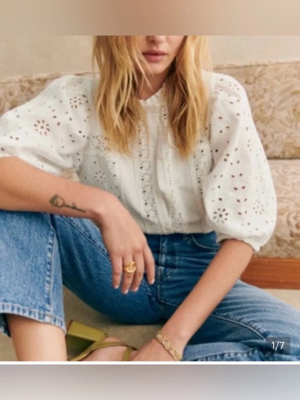 Sezane Athina White Eyelet Lace Puff Sleeve Blouse - Picture 2 of 7